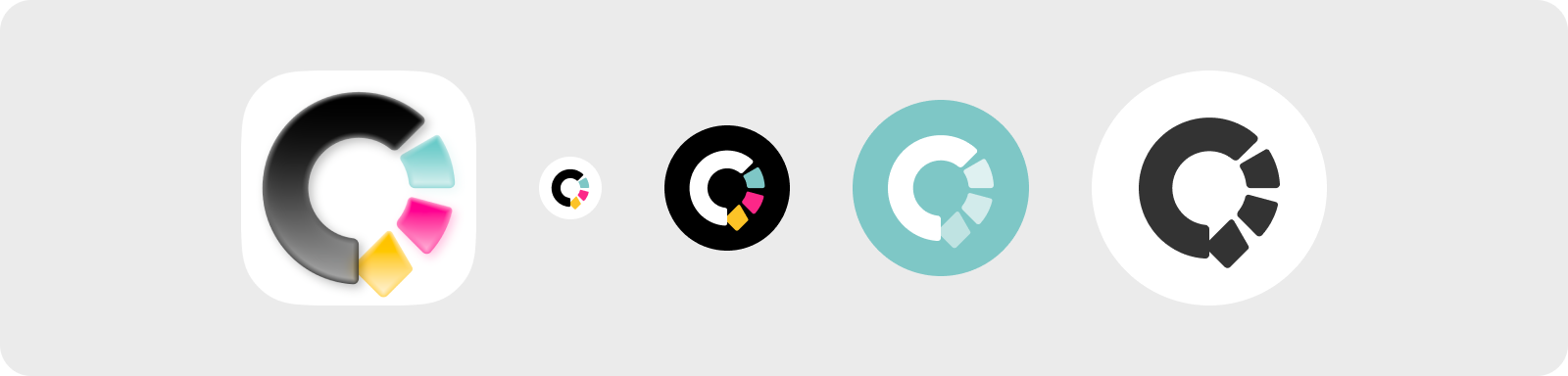 The Communi mark as an app icon, at a small size, on black, in a single colour on teal, and in monochrome
