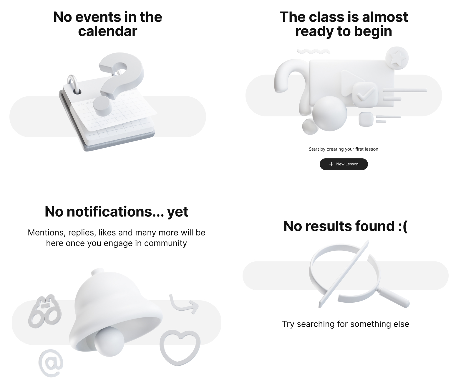 Four empty states with 3D illustrations: no events in the calendar, the class is almost ready to begin, no notifications yet, and no results found