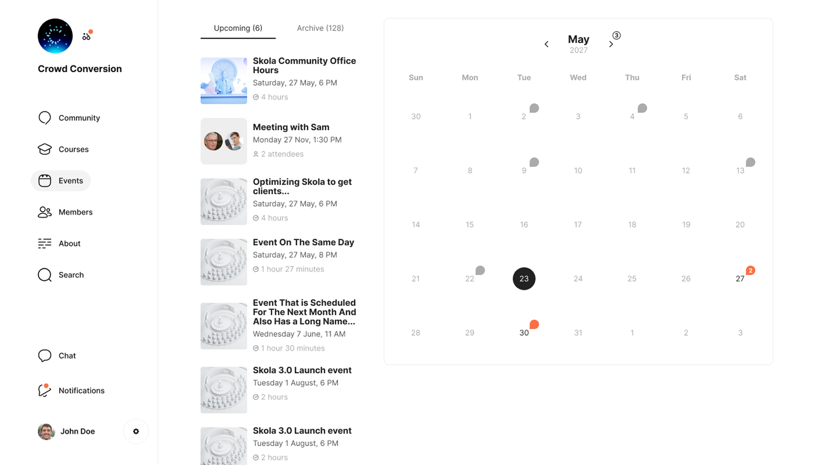 The events screen: a list of upcoming events beside a month calendar with event days marked