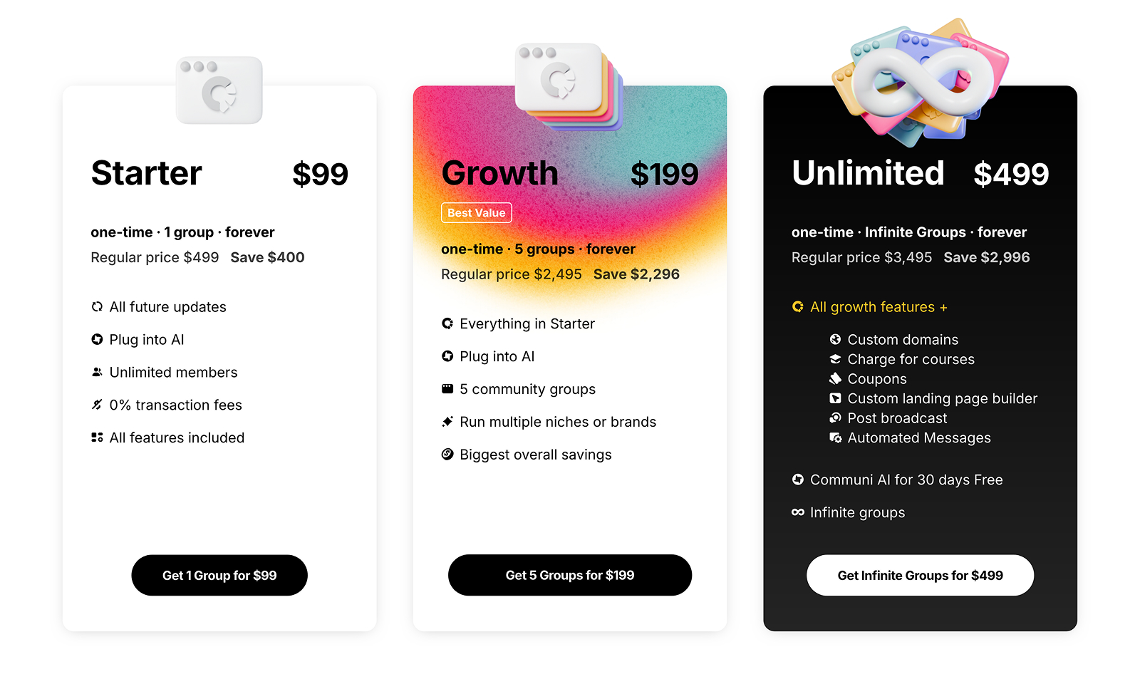 The pricing part of the landing page: Starter, Growth and Unlimited packages, each topped with a 3D illustration