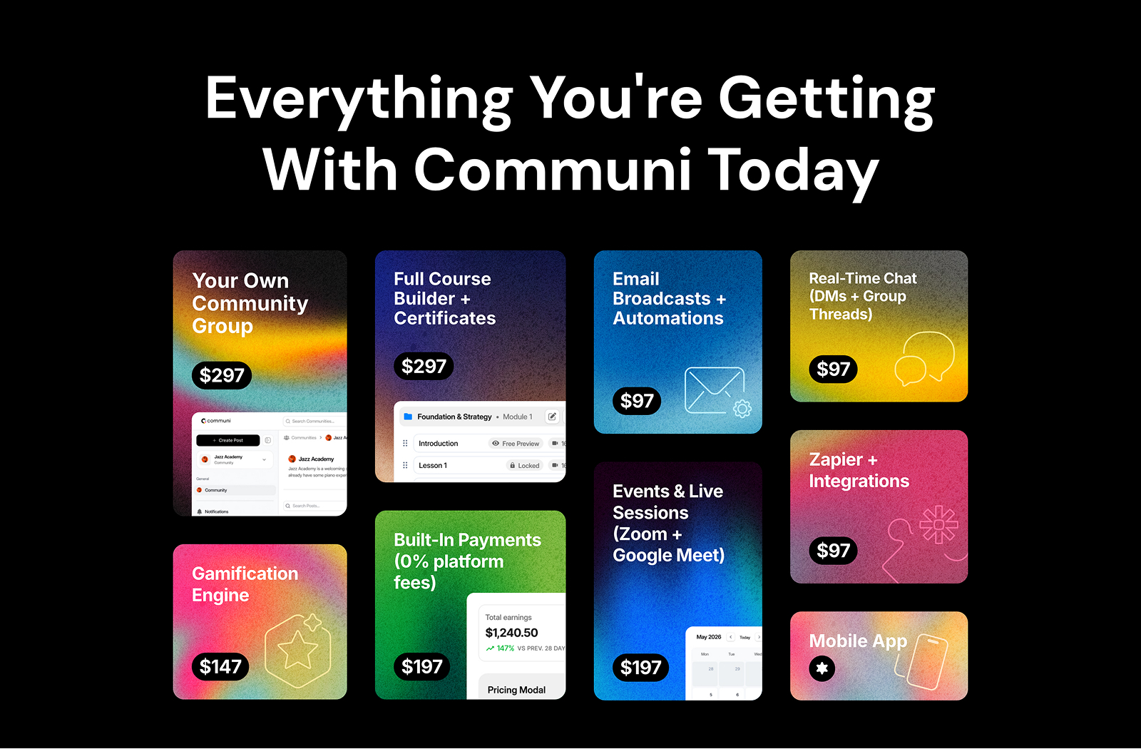 The features part of the landing page: “Everything You’re Getting With Communi Today” above a grid of gradient boxes, each with a feature and its dollar value