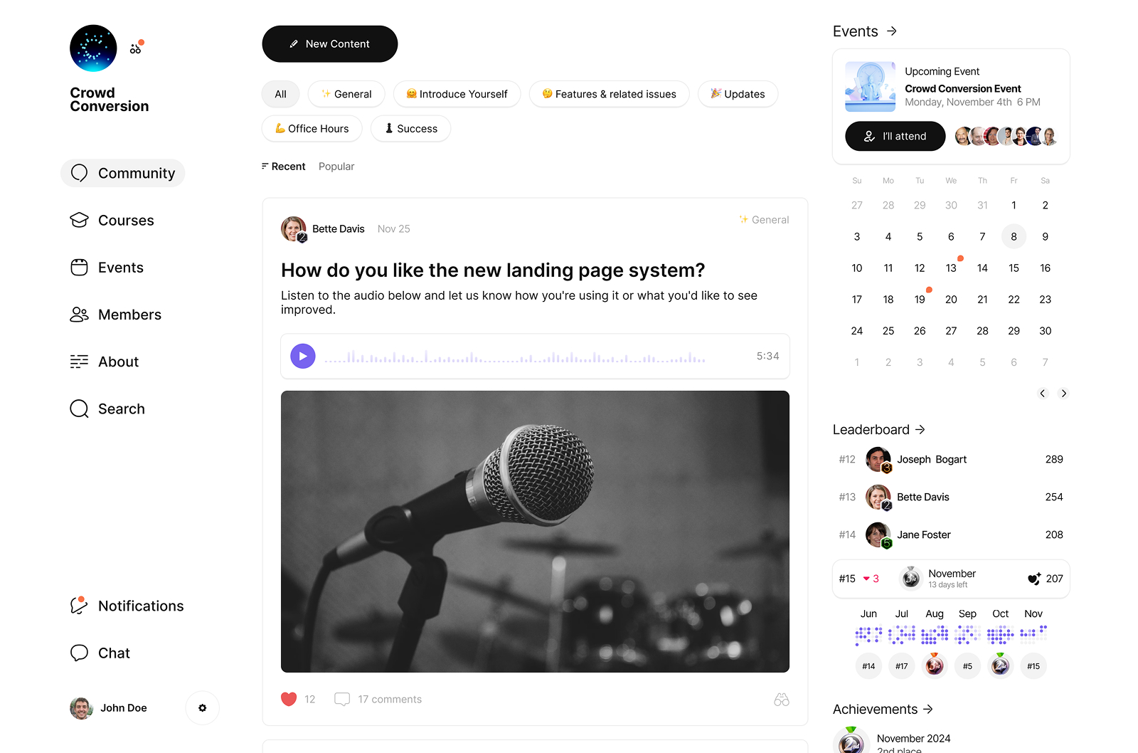 A community home screen: navigation on the left, a feed with an audio post in the middle, and events, a calendar and a leaderboard on the right