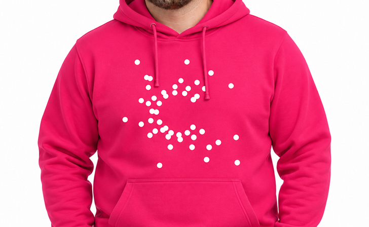 A pink hoodie printed with the dot mark in white