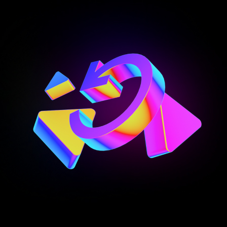 A 3D replay arrow circling between play and rewind shapes
