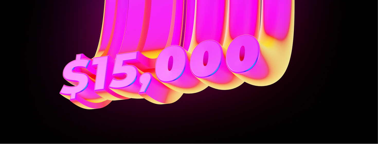 “$15,000” in glossy pink and yellow extruded 3D lettering